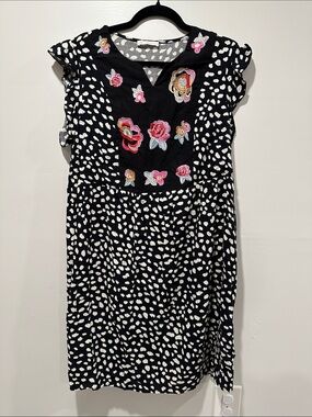 Black Polka Dot Mini Dress with Floral Embroidered Yoke